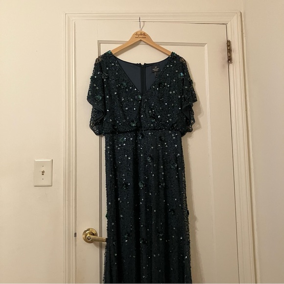 HAND-BEADED 3D FLORAL BLOUSON LONG GOWN IN DUSTY EMERALD - Picture 2 of 8